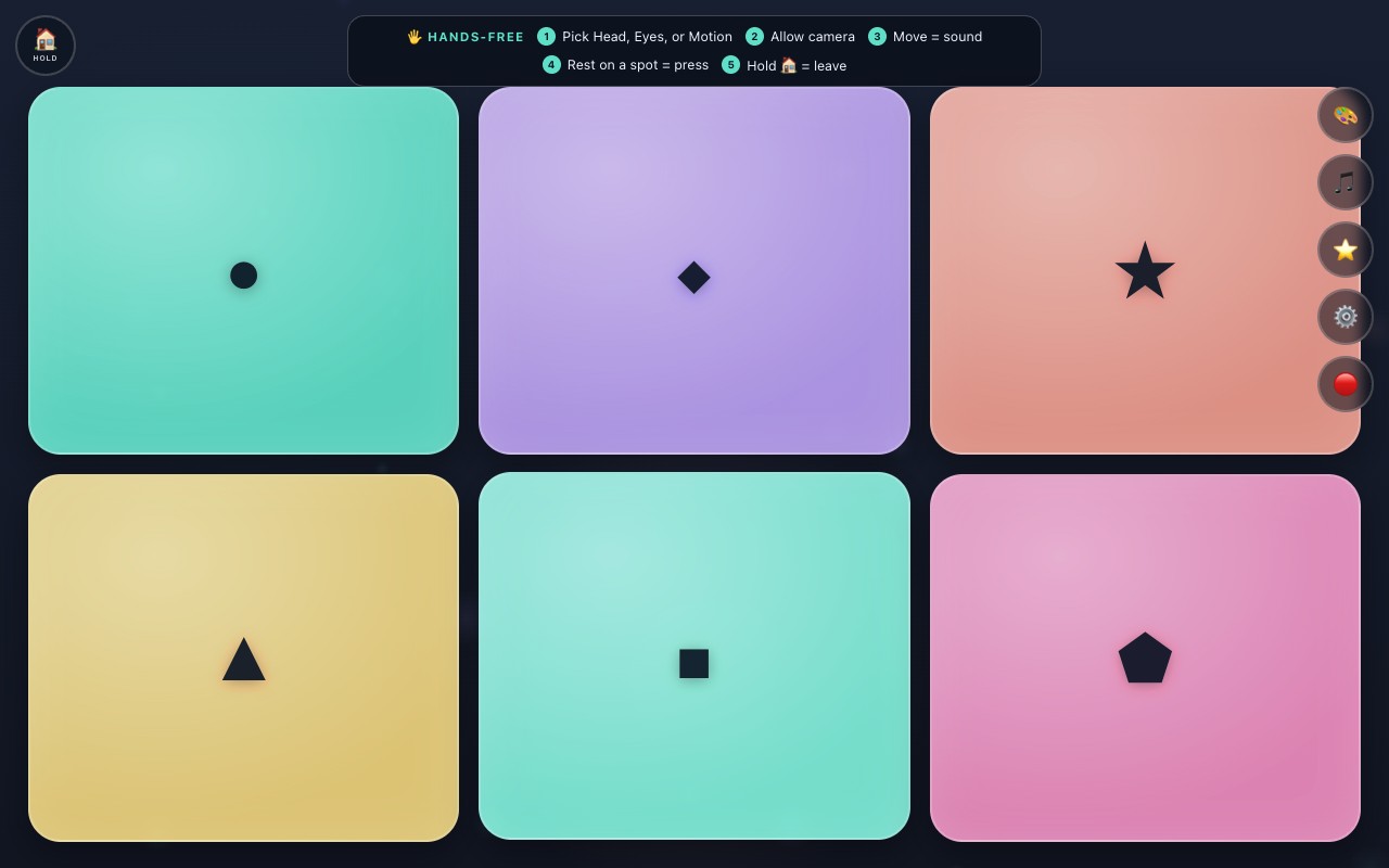 The Accessible Play board: a calm dark screen with large glowing pads sized for switch, touch, head, or eye play.