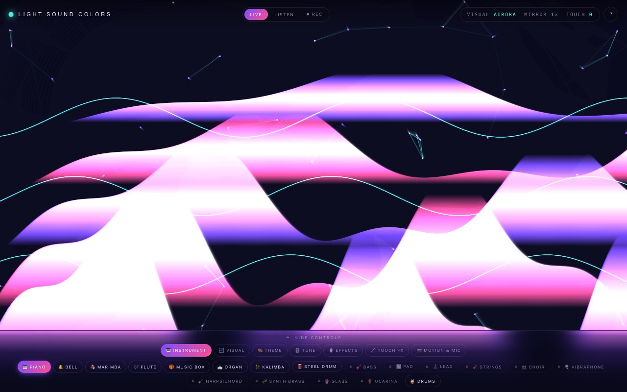The Creative Studio in Live Play: bright ribbons of light painted across a dark canvas by touch strokes, with the instrument control chips along the bottom.
