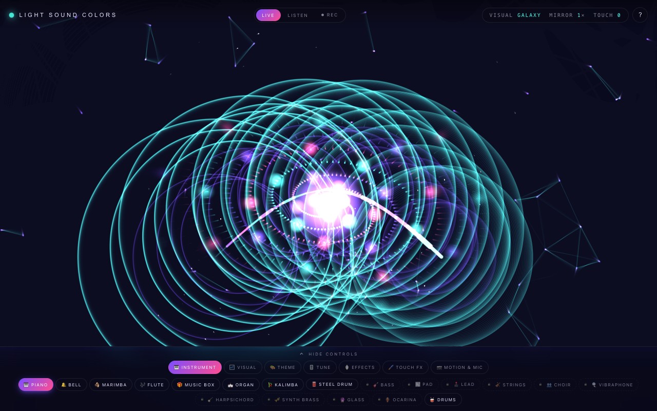 The Creative Studio showing one of its generative visuals filling the screen in purple and pink light.